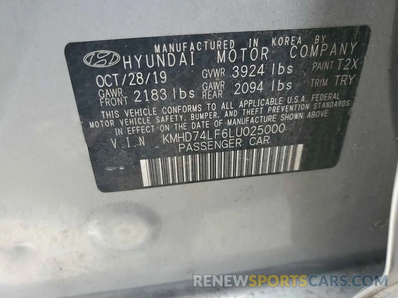 12 Photograph of a damaged car KMHD74LF6LU025000 HYUNDAI ELANTRA 2020