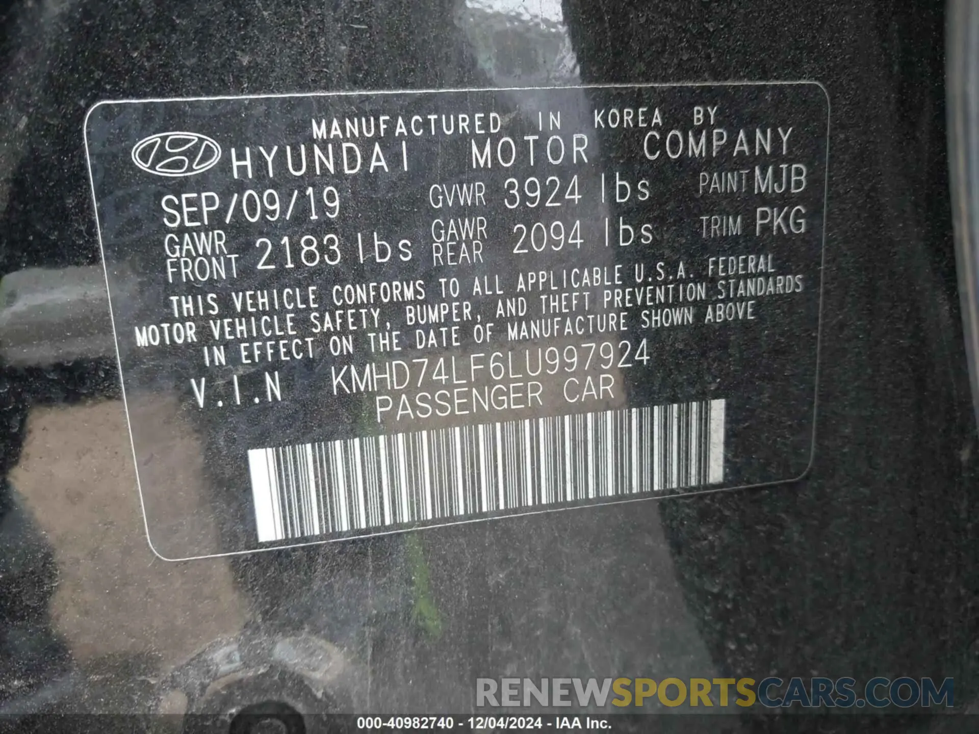 9 Photograph of a damaged car KMHD74LF6LU997924 HYUNDAI ELANTRA 2020