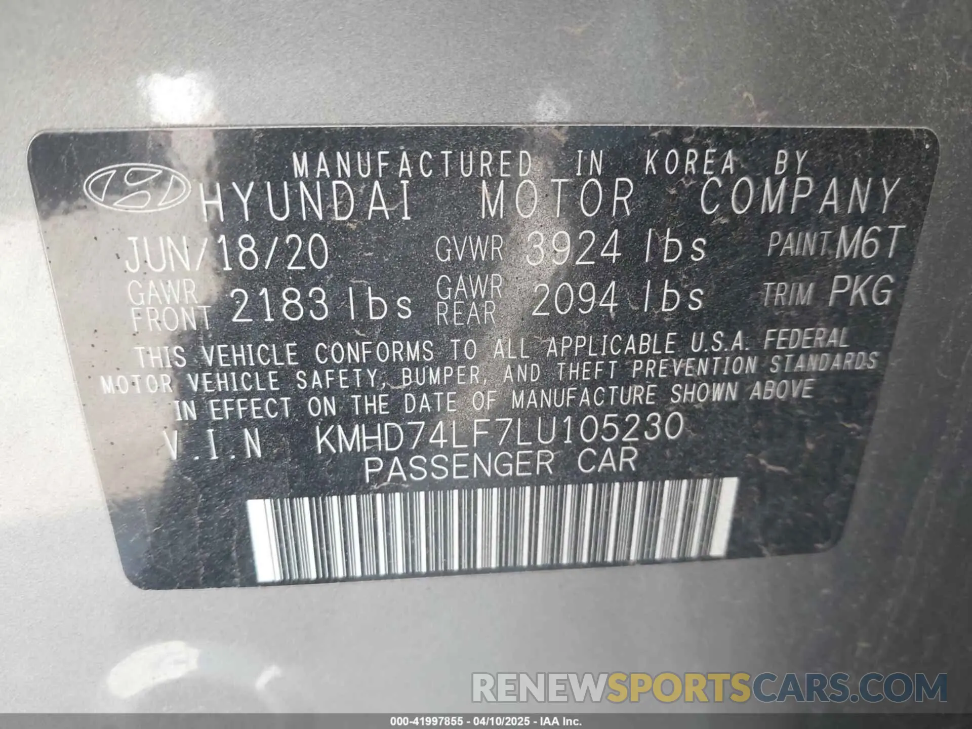 9 Photograph of a damaged car KMHD74LF7LU105230 HYUNDAI ELANTRA 2020