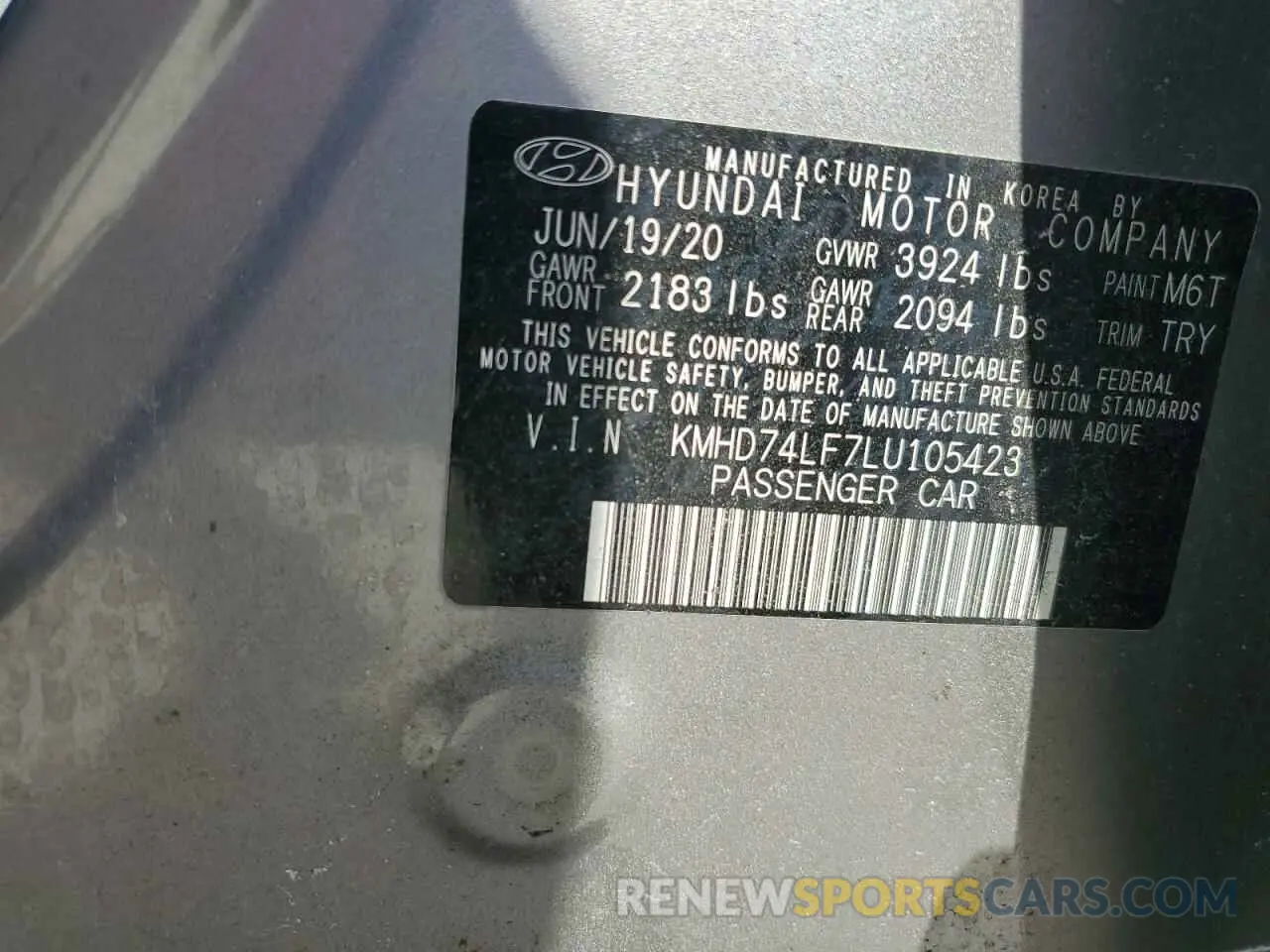 13 Photograph of a damaged car KMHD74LF7LU105423 HYUNDAI ELANTRA 2020