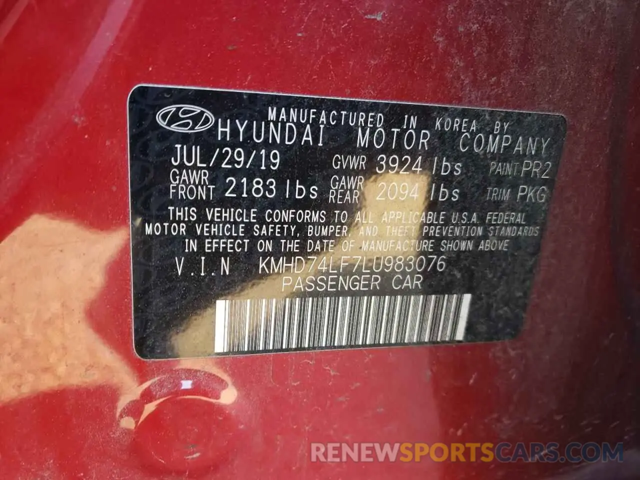 15 Photograph of a damaged car KMHD74LF7LU983076 HYUNDAI ELANTRA 2020
