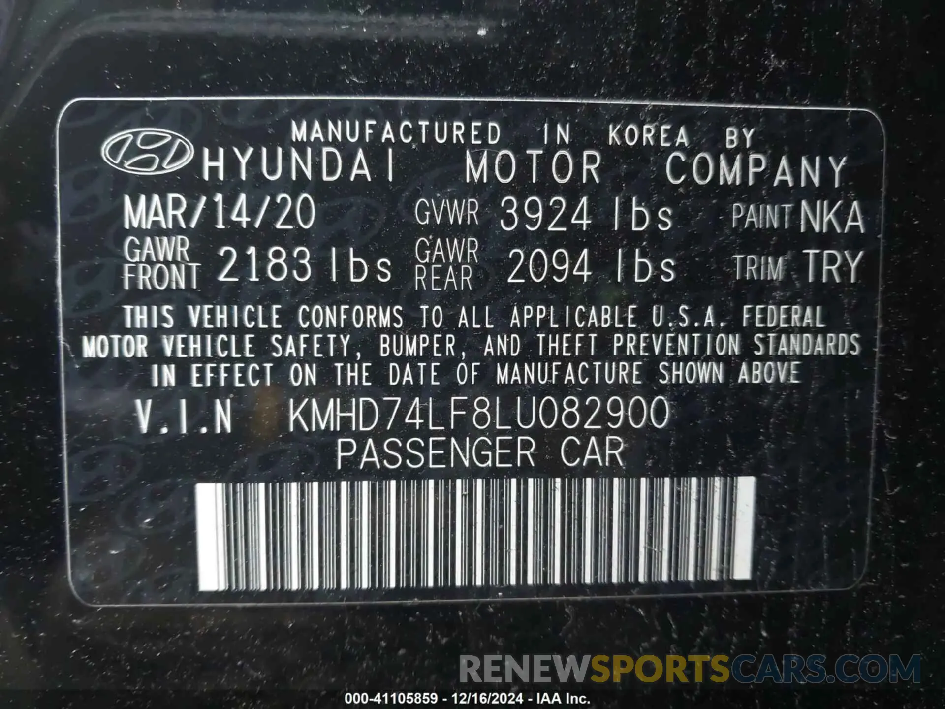 9 Photograph of a damaged car KMHD74LF8LU082900 HYUNDAI ELANTRA 2020