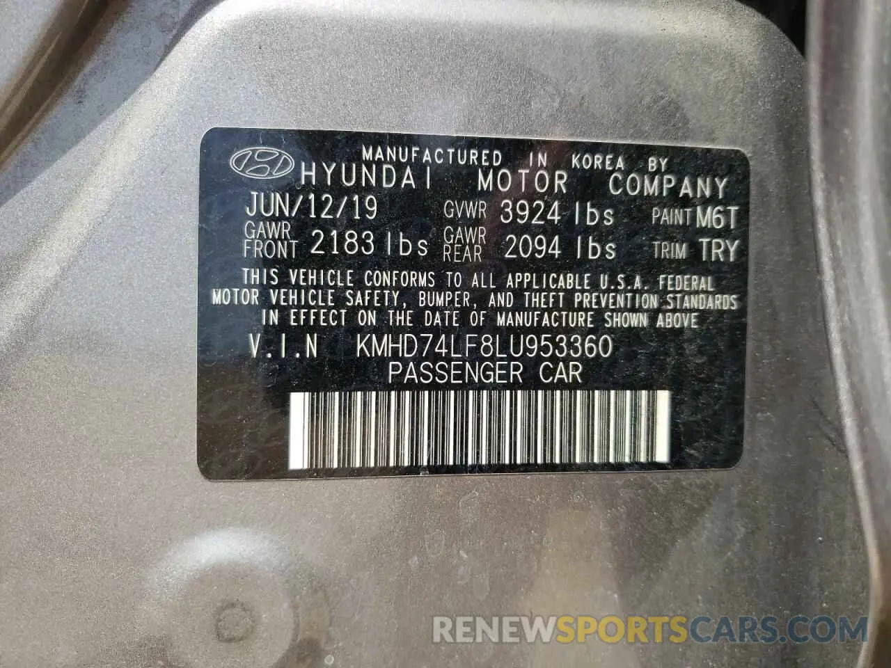 12 Photograph of a damaged car KMHD74LF8LU953360 HYUNDAI ELANTRA 2020