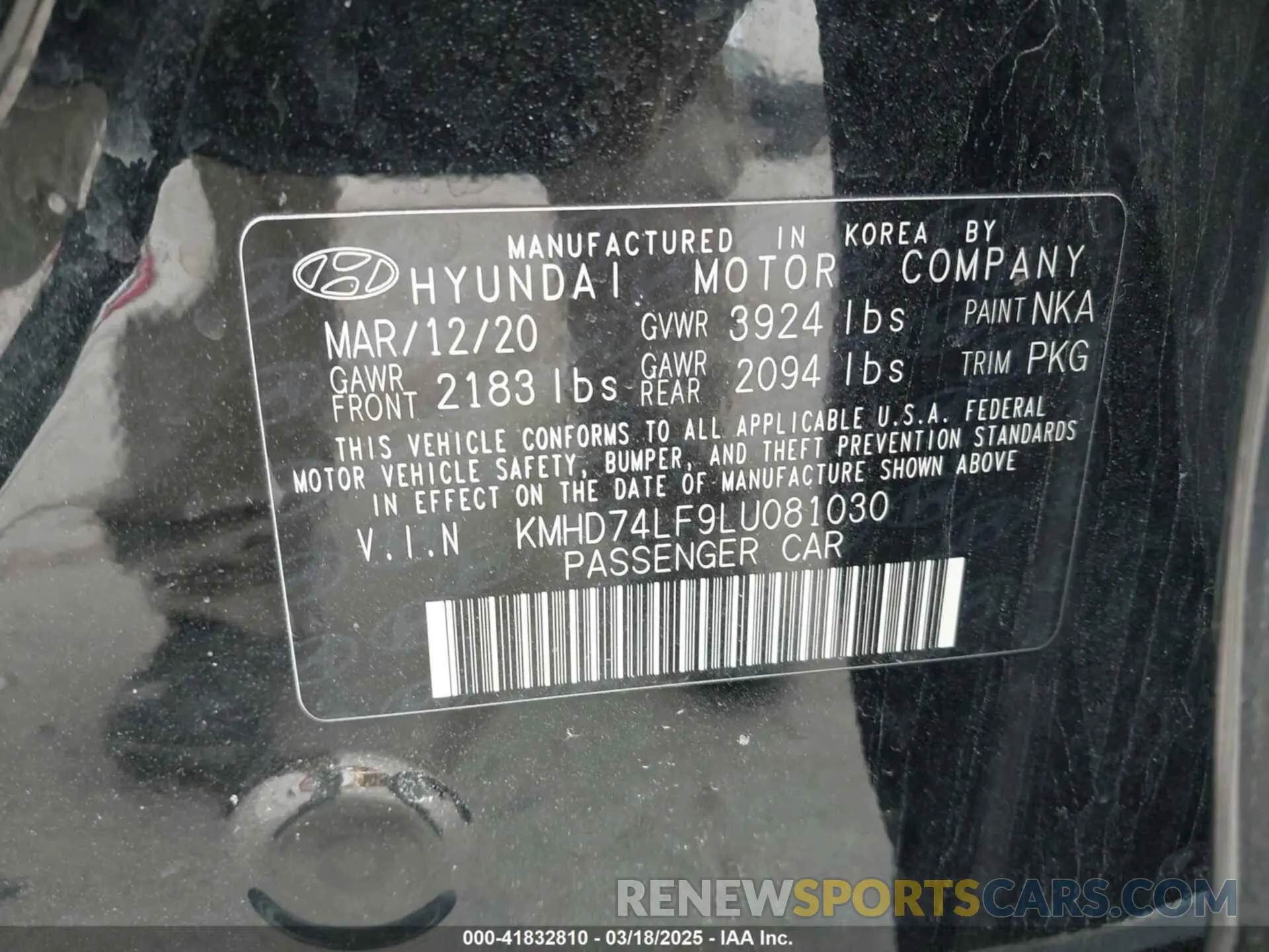 9 Photograph of a damaged car KMHD74LF9LU081030 HYUNDAI ELANTRA 2020