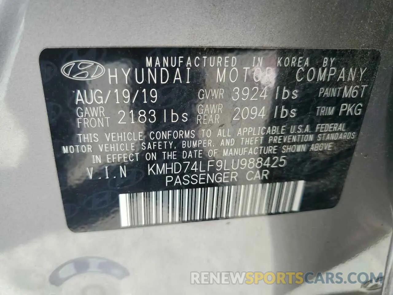 12 Photograph of a damaged car KMHD74LF9LU988425 HYUNDAI ELANTRA 2020