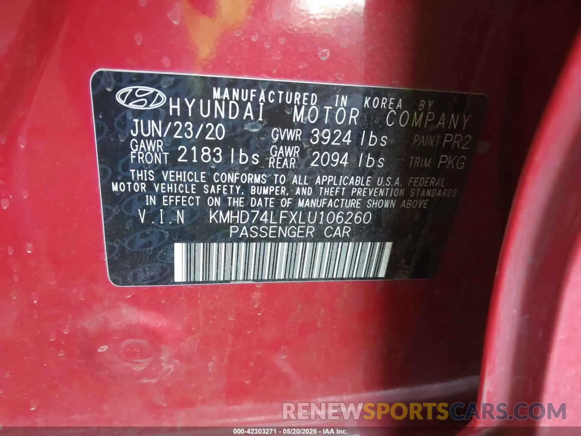 9 Photograph of a damaged car KMHD74LFXLU106260 HYUNDAI ELANTRA 2020