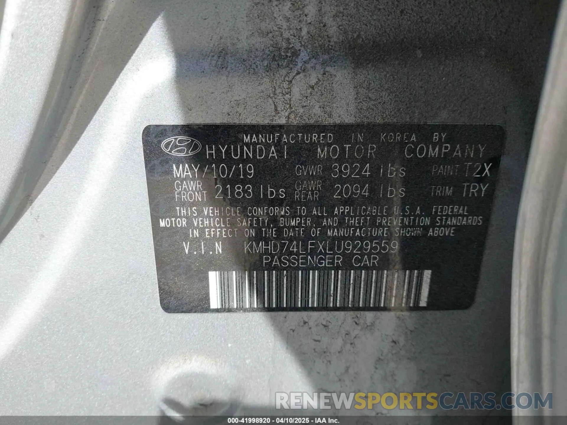 9 Photograph of a damaged car KMHD74LFXLU929559 HYUNDAI ELANTRA 2020