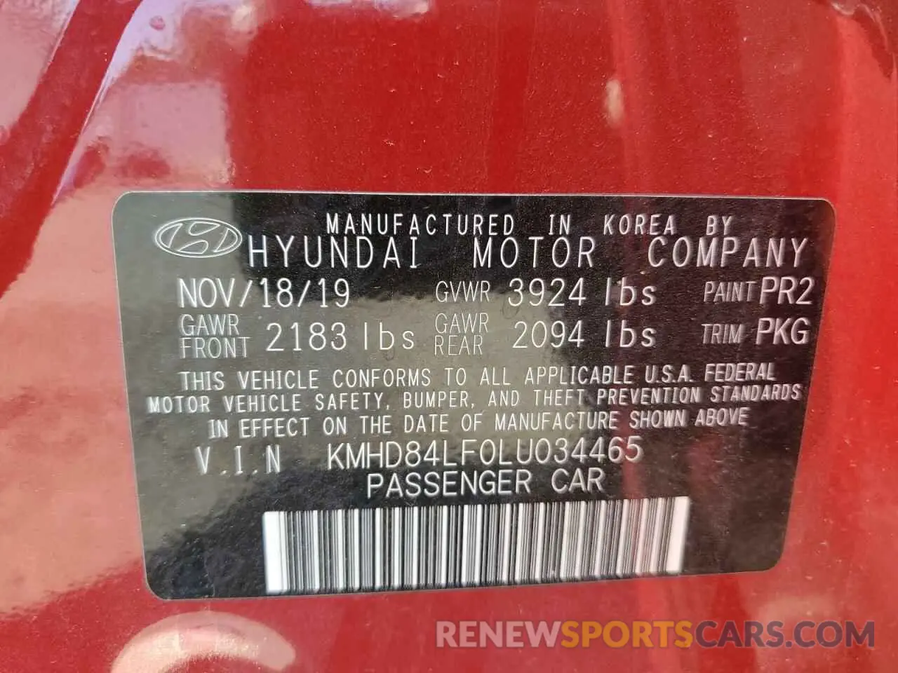 12 Photograph of a damaged car KMHD84LF0LU034465 HYUNDAI ELANTRA 2020