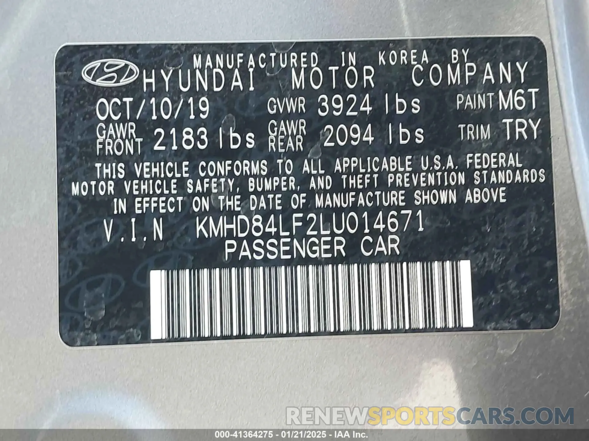 9 Photograph of a damaged car KMHD84LF2LU014671 HYUNDAI ELANTRA 2020