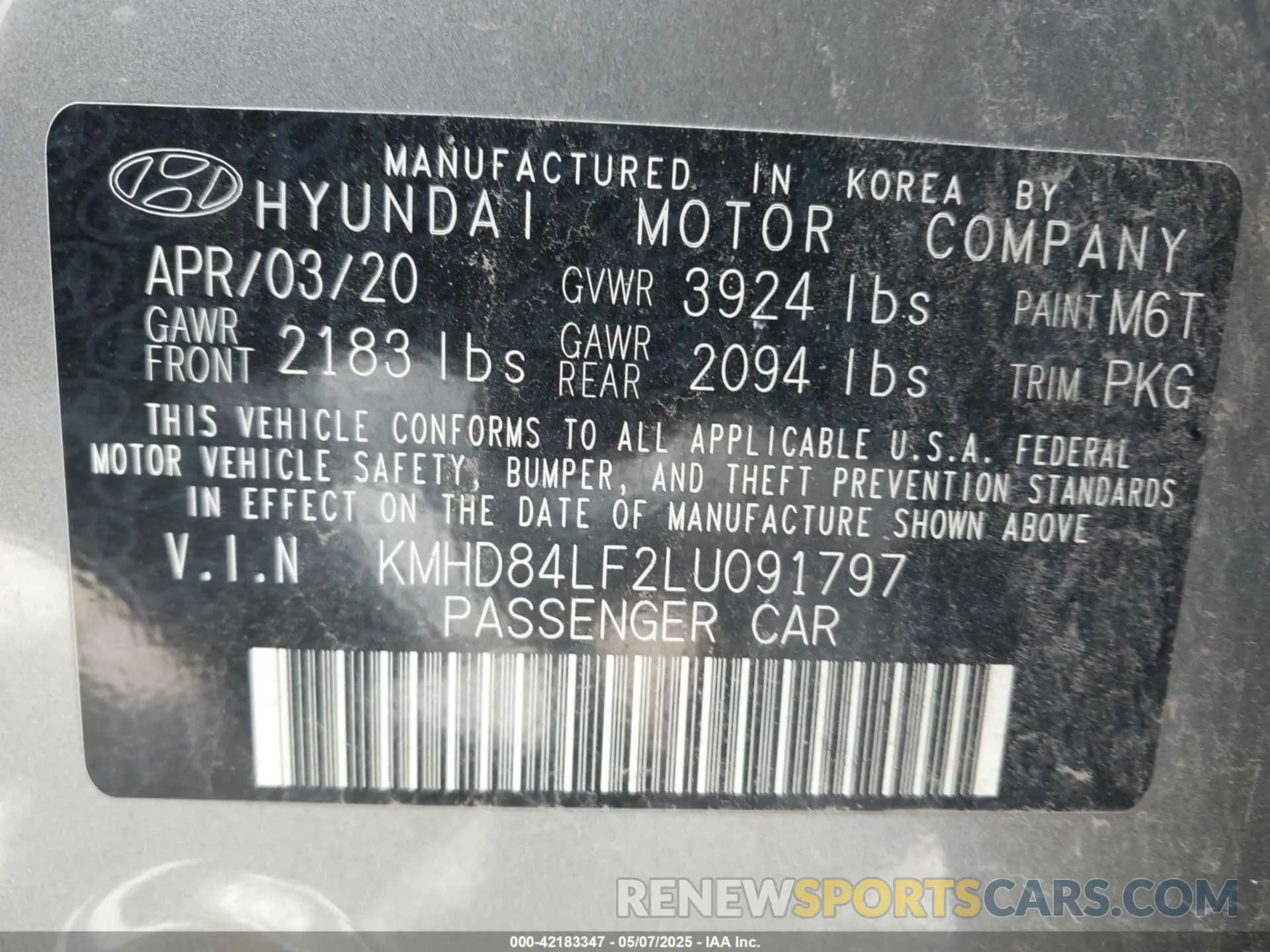 9 Photograph of a damaged car KMHD84LF2LU091797 HYUNDAI ELANTRA 2020