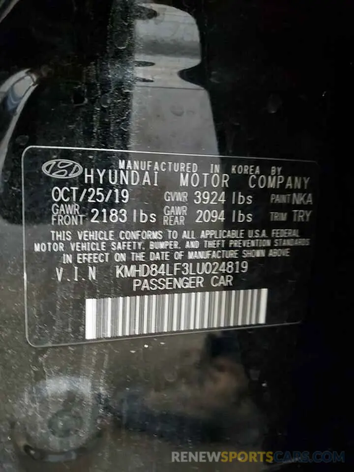 13 Photograph of a damaged car KMHD84LF3LU024819 HYUNDAI ELANTRA 2020