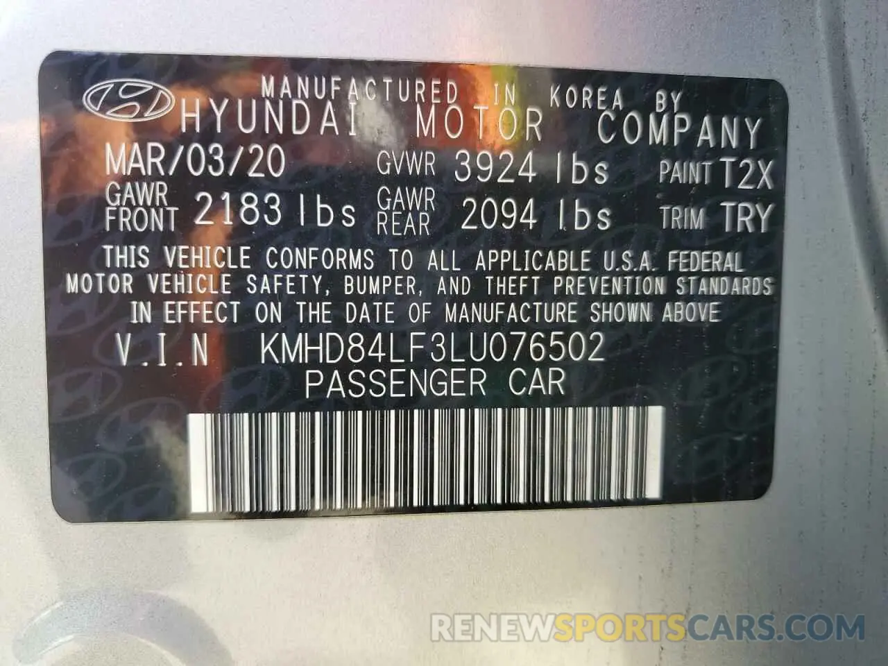 13 Photograph of a damaged car KMHD84LF3LU076502 HYUNDAI ELANTRA 2020
