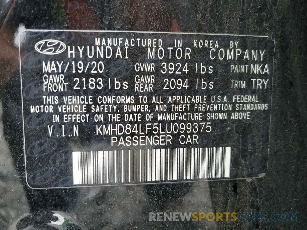 12 Photograph of a damaged car KMHD84LF5LU099375 HYUNDAI ELANTRA 2020