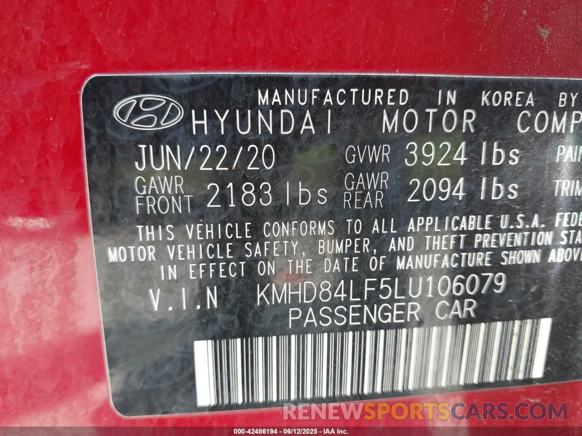 9 Photograph of a damaged car KMHD84LF5LU106079 HYUNDAI ELANTRA 2020