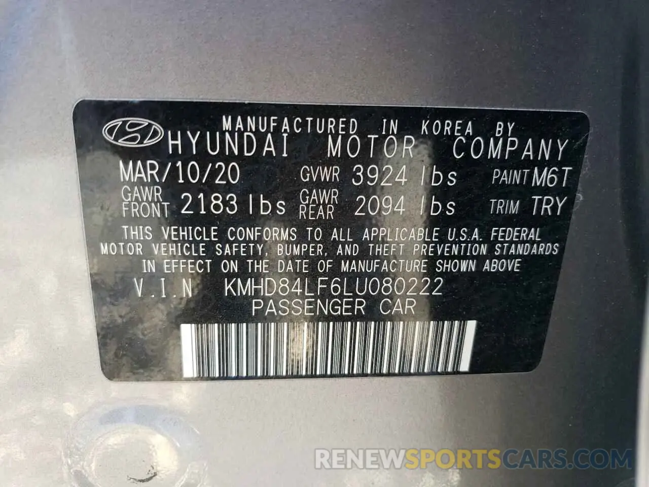 12 Photograph of a damaged car KMHD84LF6LU080222 HYUNDAI ELANTRA 2020