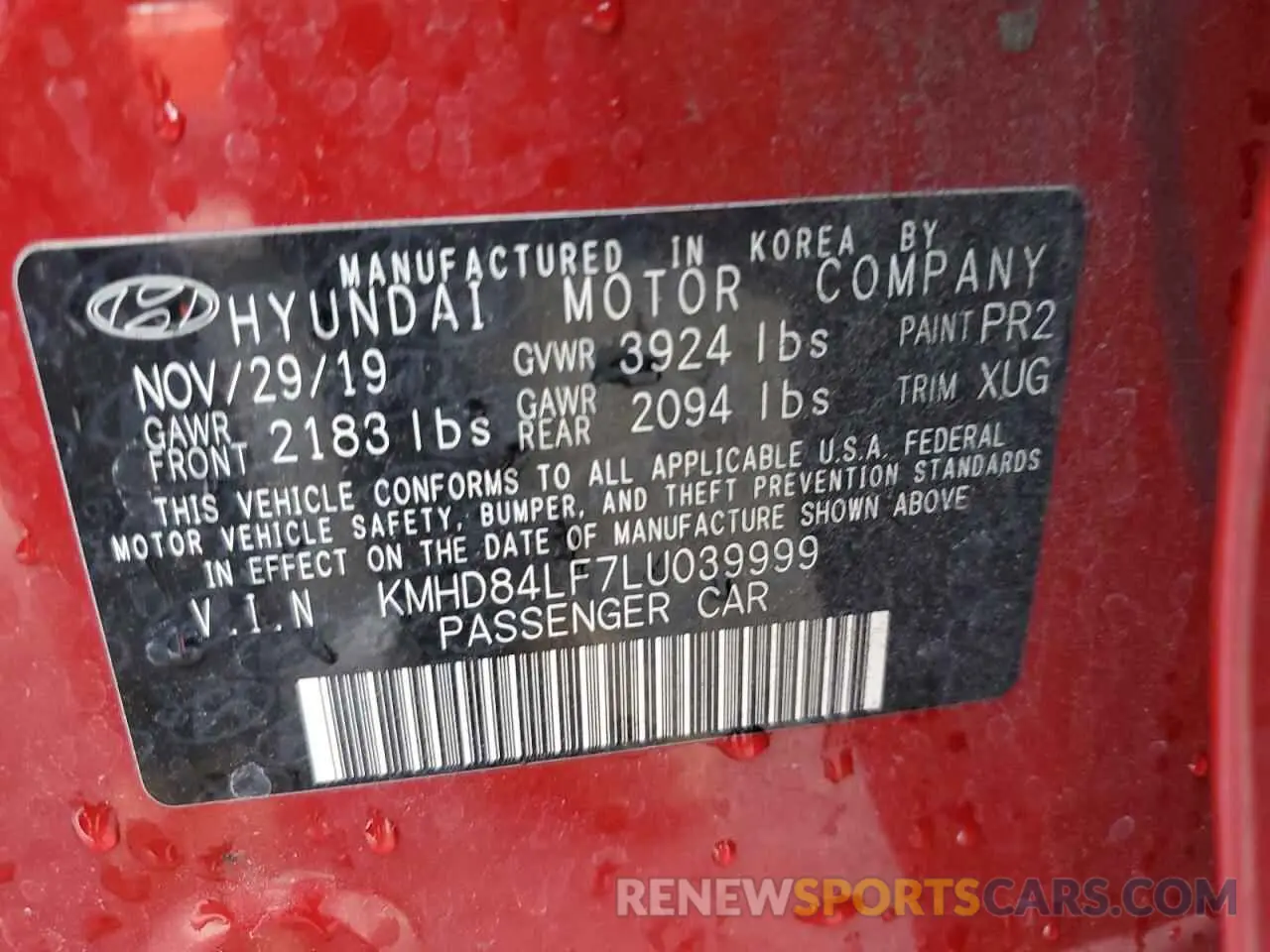 13 Photograph of a damaged car KMHD84LF7LU039999 HYUNDAI ELANTRA 2020