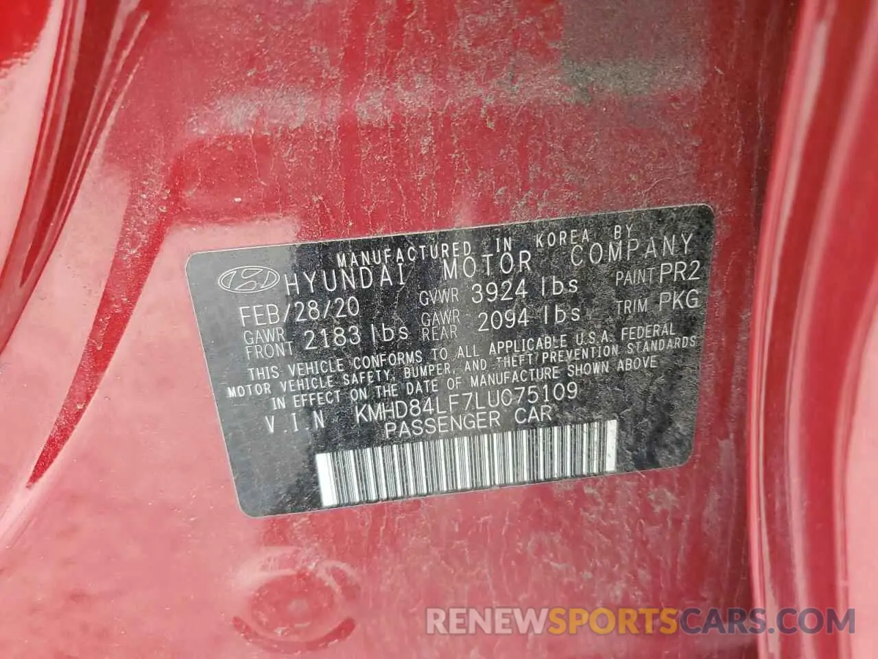 12 Photograph of a damaged car KMHD84LF7LU075109 HYUNDAI ELANTRA 2020