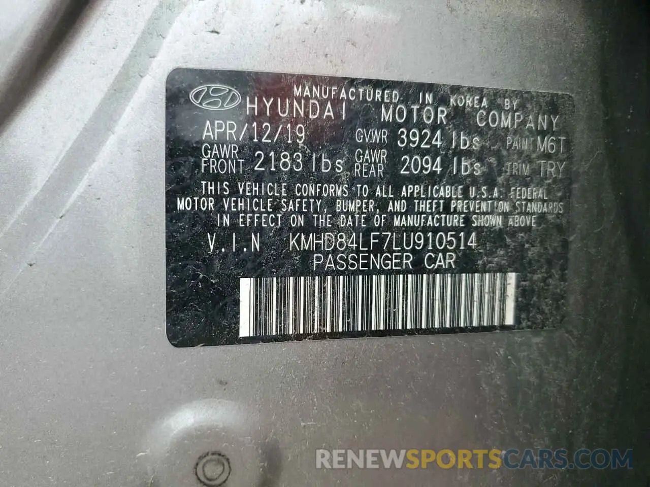 12 Photograph of a damaged car KMHD84LF7LU910514 HYUNDAI ELANTRA 2020