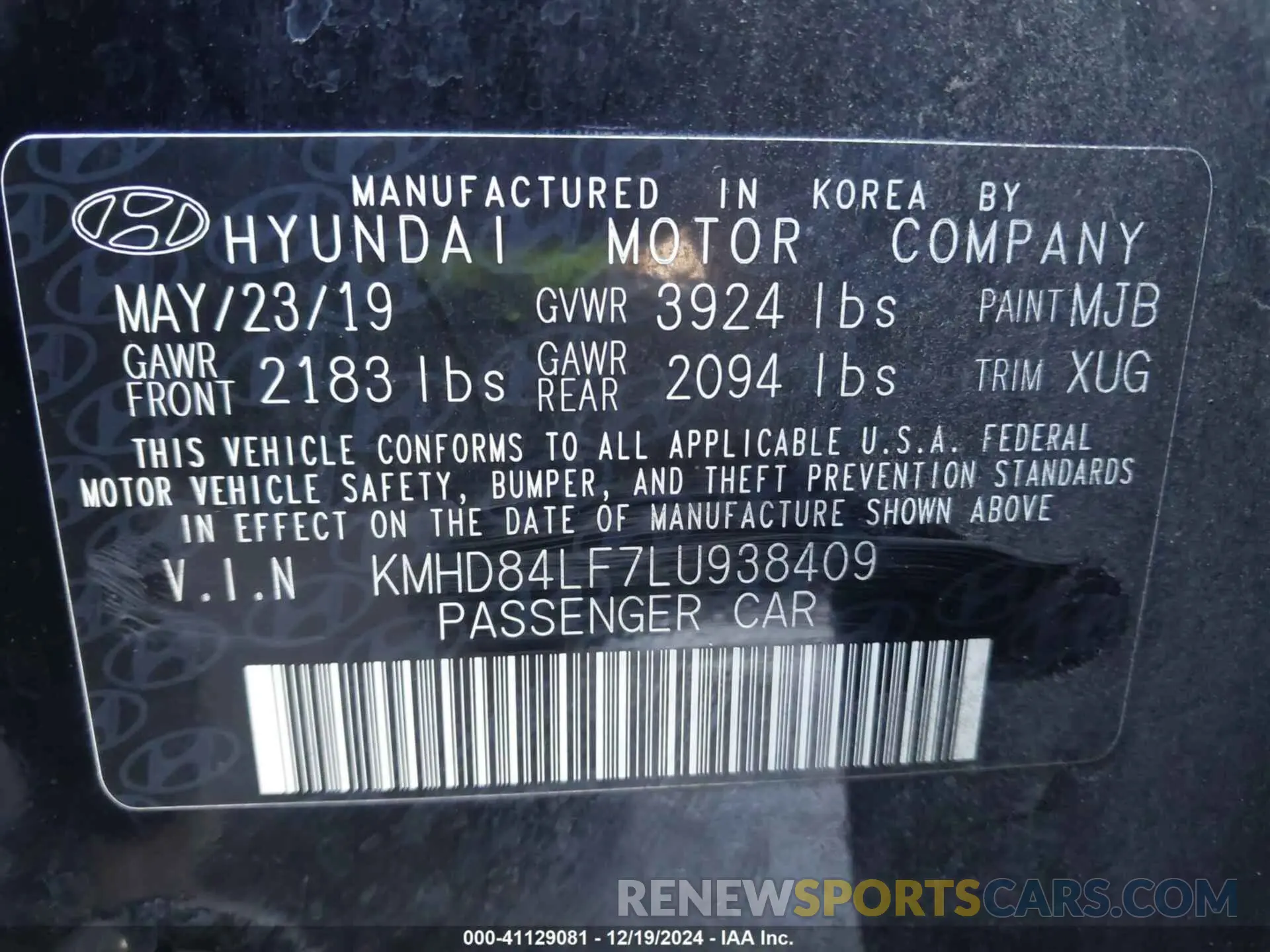 9 Photograph of a damaged car KMHD84LF7LU938409 HYUNDAI ELANTRA 2020
