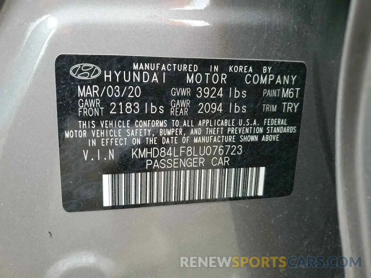 12 Photograph of a damaged car KMHD84LF8LU076723 HYUNDAI ELANTRA 2020