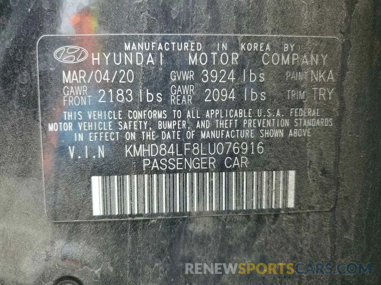 12 Photograph of a damaged car KMHD84LF8LU076916 HYUNDAI ELANTRA 2020