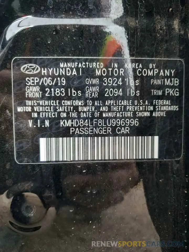 13 Photograph of a damaged car KMHD84LF8LU996996 HYUNDAI ELANTRA 2020