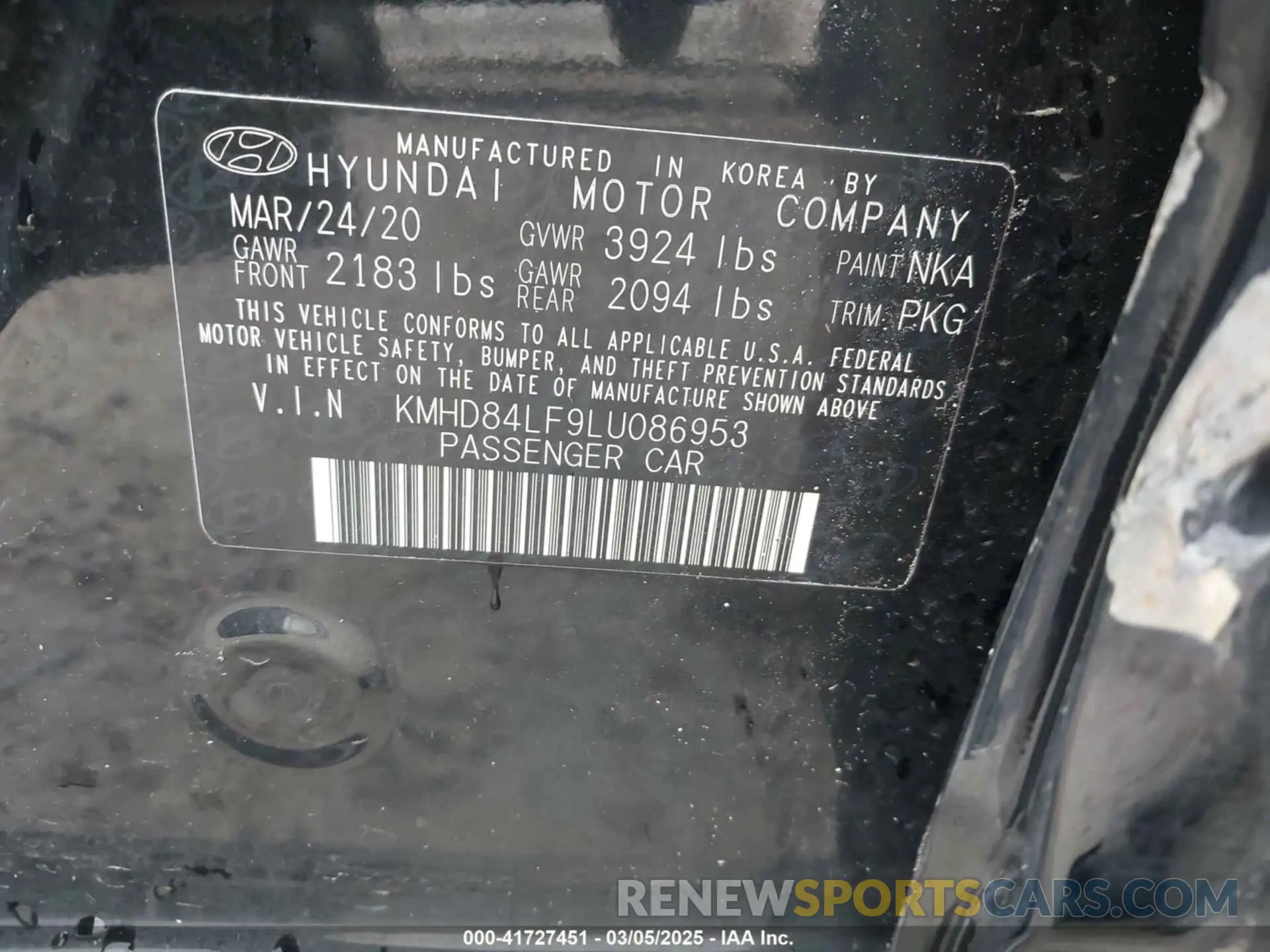 9 Photograph of a damaged car KMHD84LF9LU086953 HYUNDAI ELANTRA 2020
