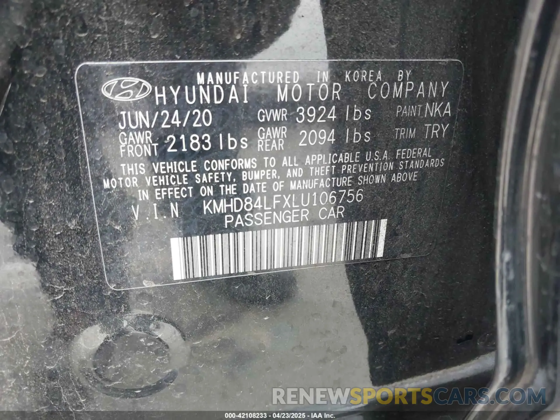 9 Photograph of a damaged car KMHD84LFXLU106756 HYUNDAI ELANTRA 2020
