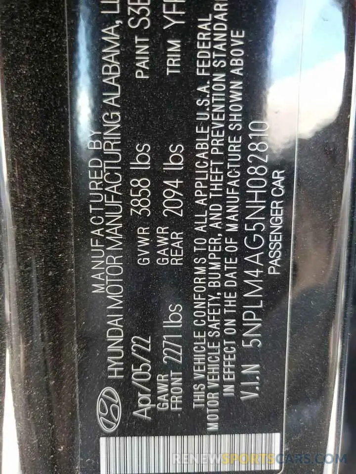 12 Photograph of a damaged car 5NPLM4AG5NH082810 HYUNDAI ELANTRA 2022