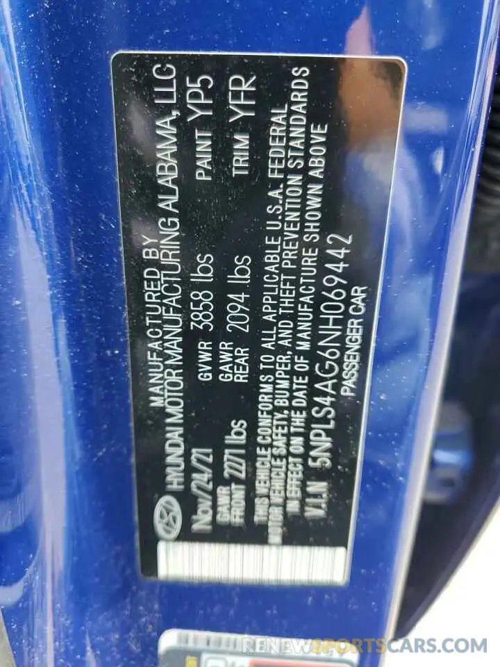 12 Photograph of a damaged car 5NPLS4AG6NH069442 HYUNDAI ELANTRA 2022