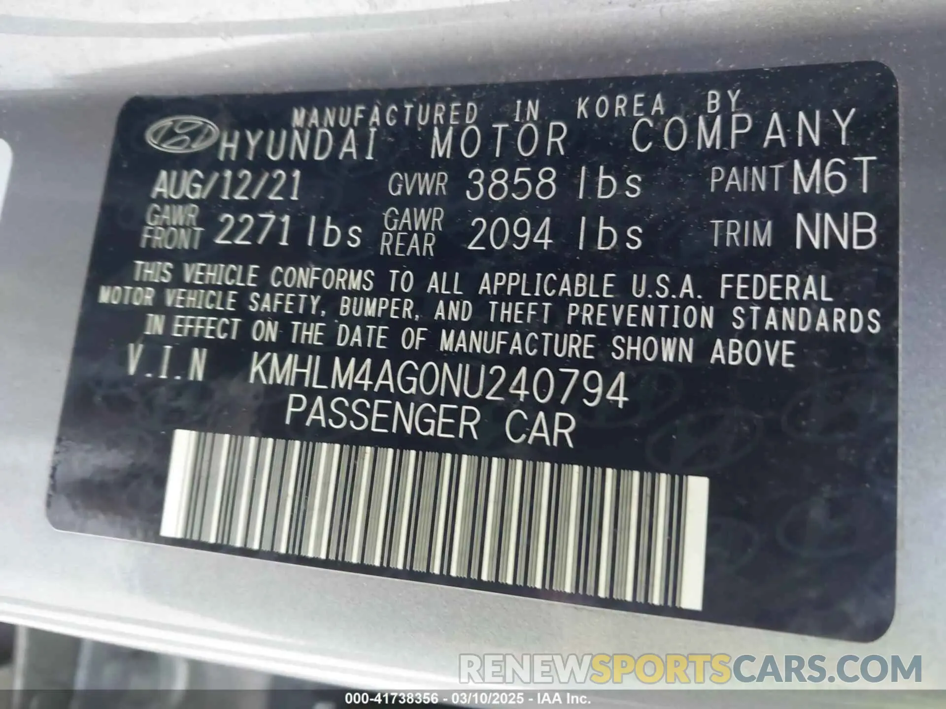9 Photograph of a damaged car KMHLM4AG0NU240794 HYUNDAI ELANTRA 2022