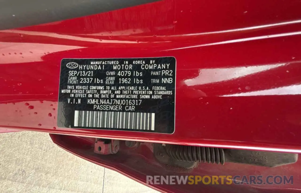 10 Photograph of a damaged car KMHLN4AJ7NU016317 HYUNDAI ELANTRA 2022
