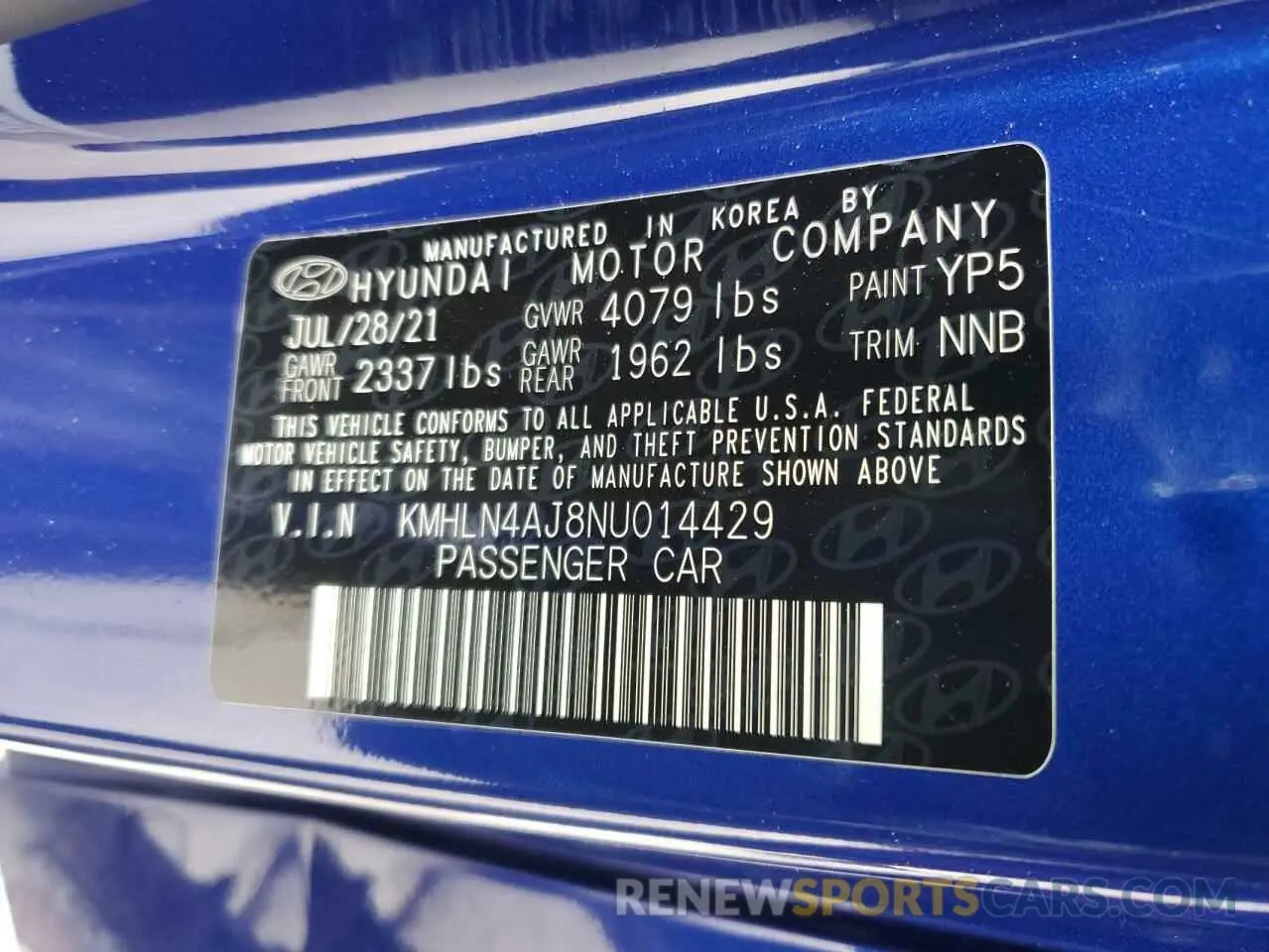 12 Photograph of a damaged car KMHLN4AJ8NU014429 HYUNDAI ELANTRA 2022