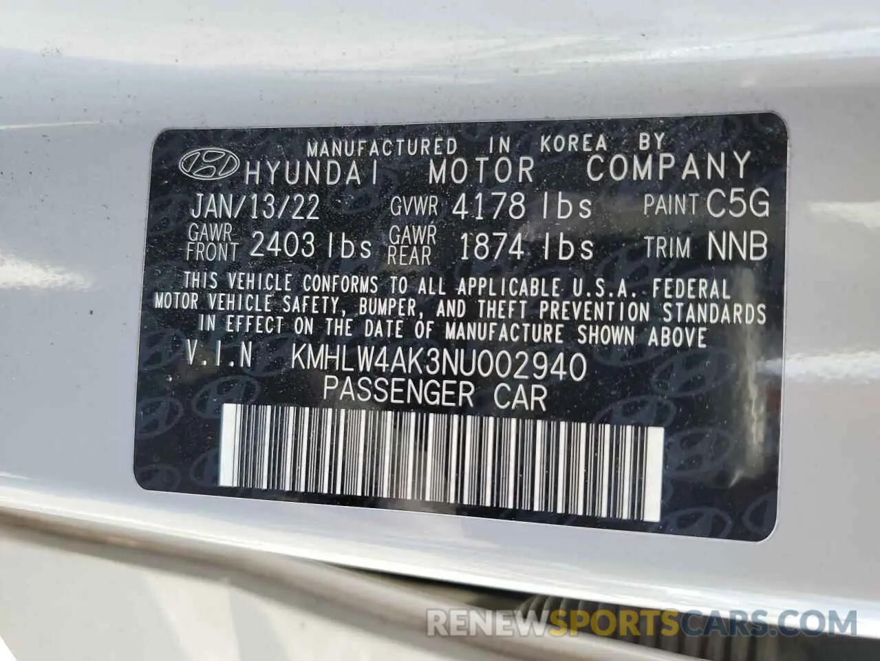 12 Photograph of a damaged car KMHLW4AK3NU002940 HYUNDAI ELANTRA 2022