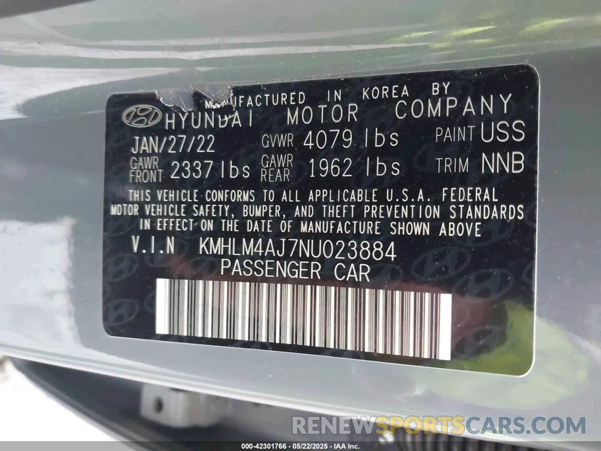 9 Photograph of a damaged car KMHLM4AJ7NU023884 HYUNDAI ELANTRA HYBRID 2022