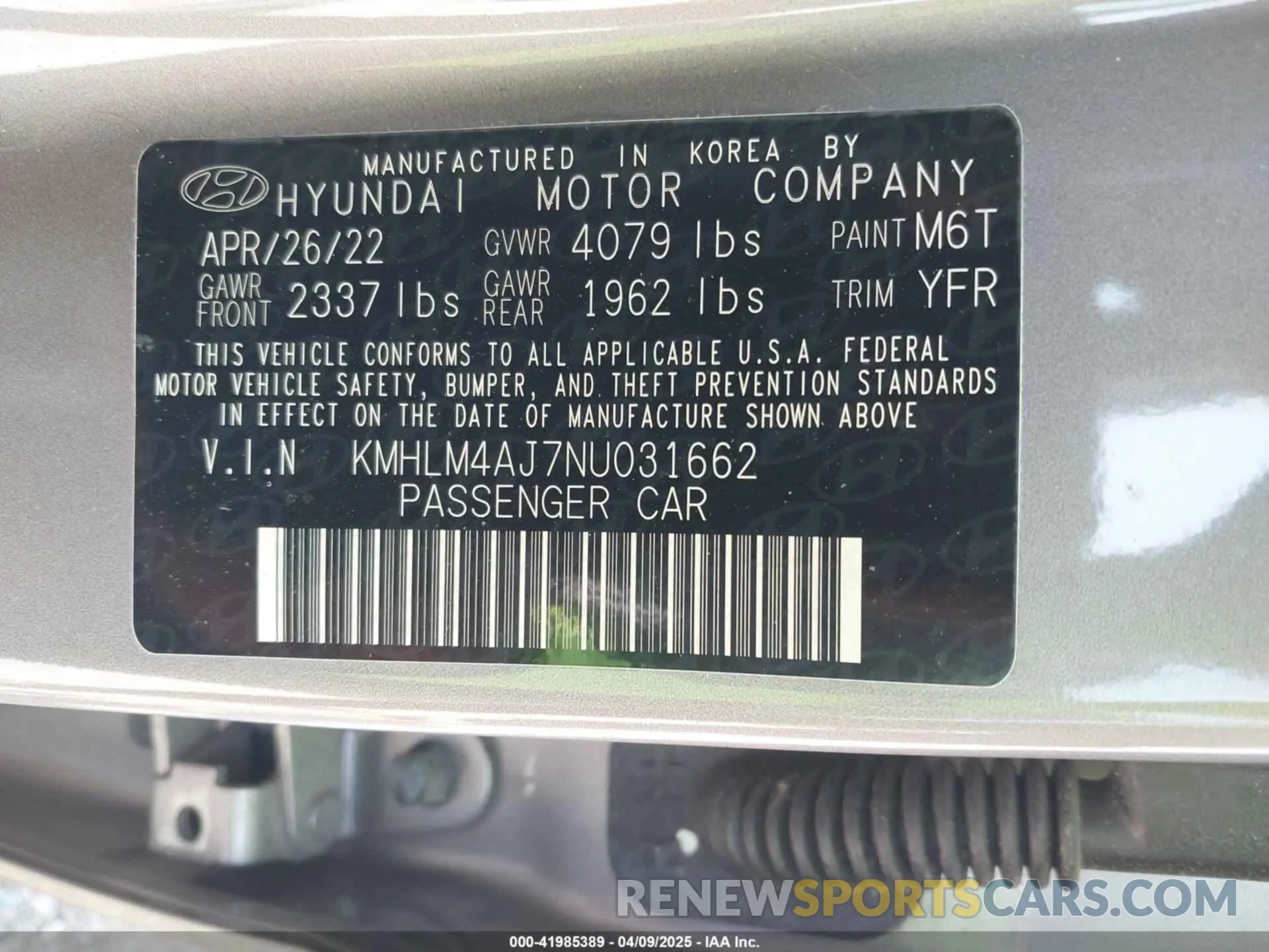 9 Photograph of a damaged car KMHLM4AJ7NU031662 HYUNDAI ELANTRA HYBRID 2022