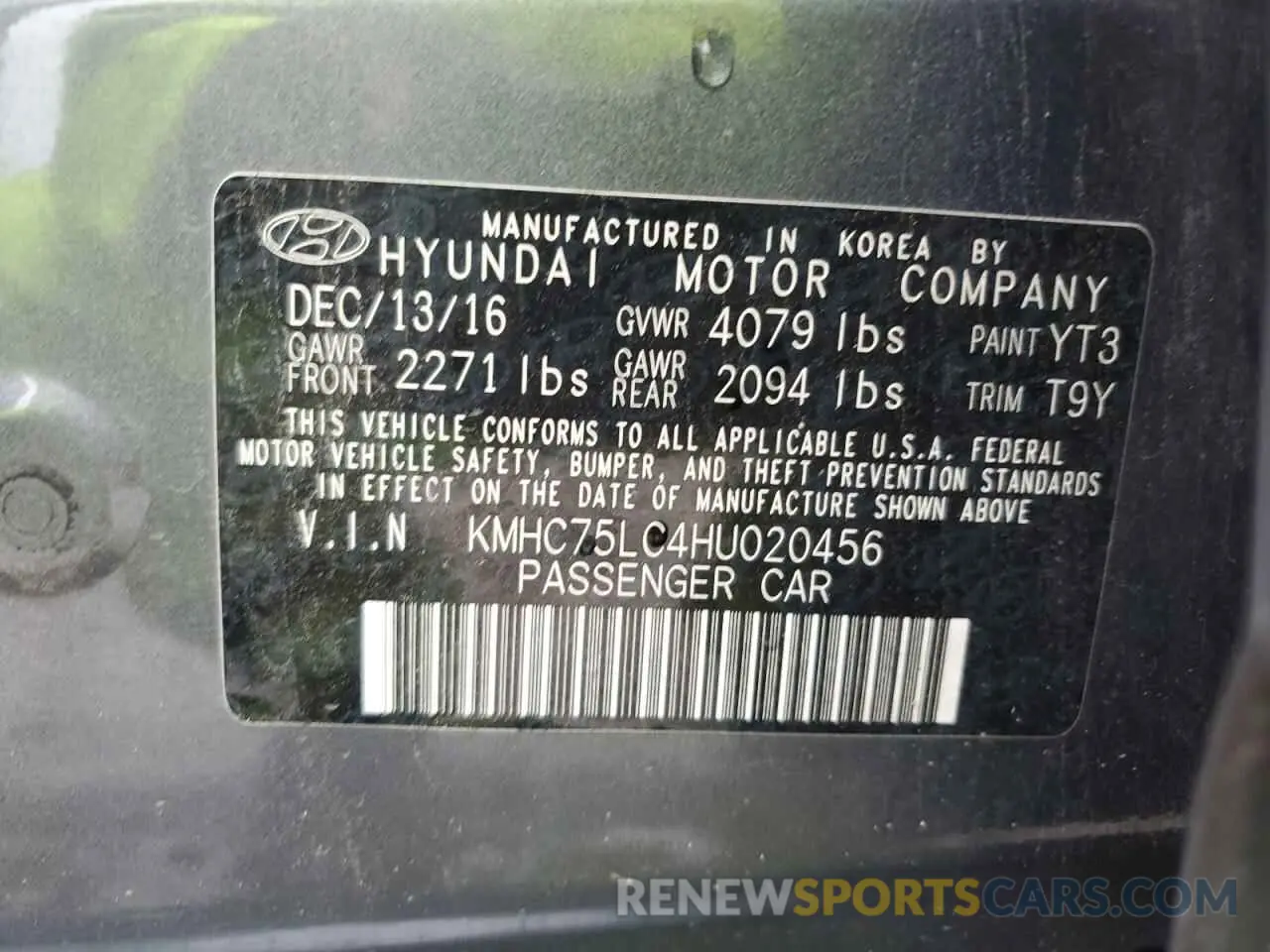 12 Photograph of a damaged car KMHC75LC4HU020456 HYUNDAI IONIQ 2017