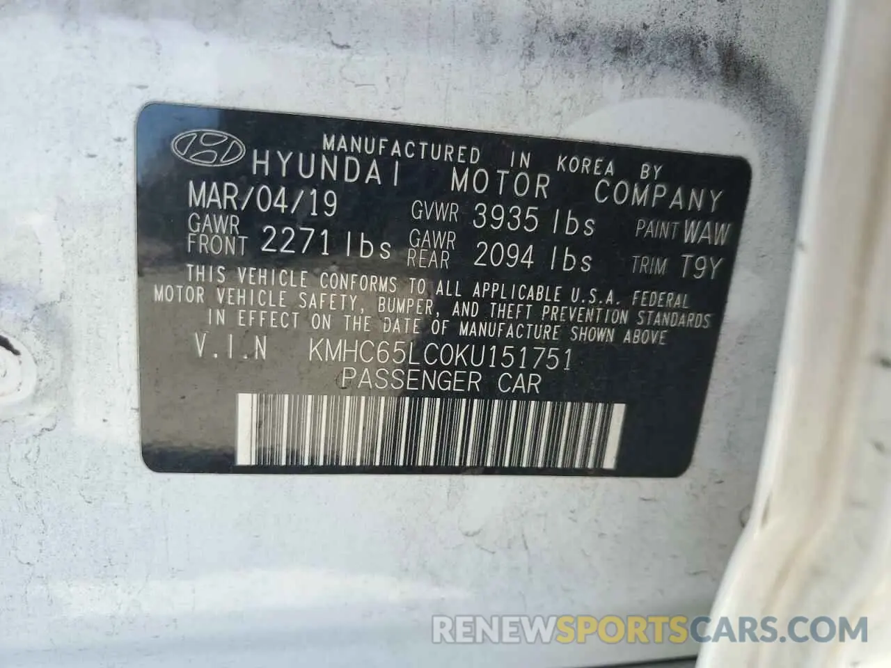 12 Photograph of a damaged car KMHC65LC0KU151751 HYUNDAI IONIQ 2019