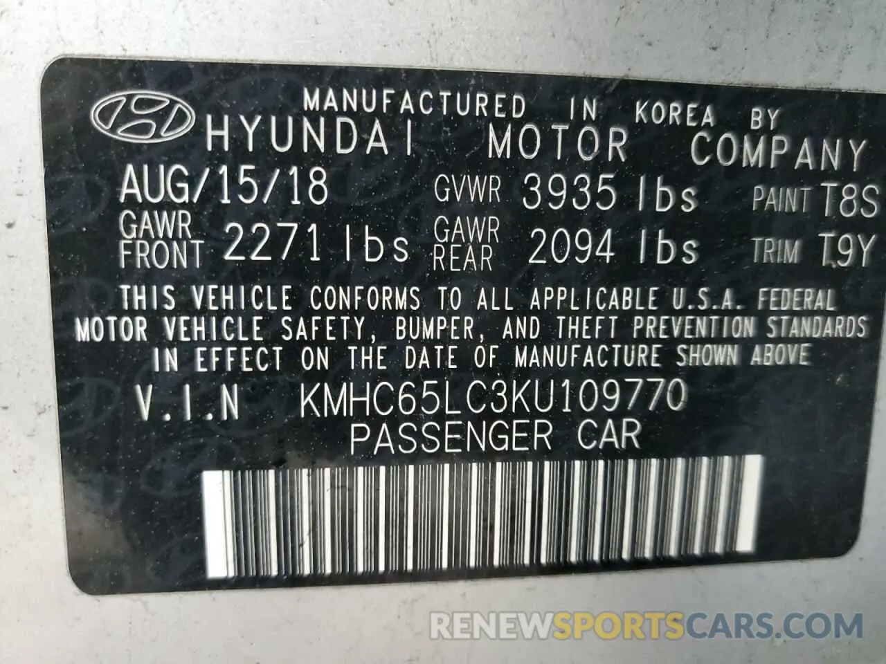 13 Photograph of a damaged car KMHC65LC3KU109770 HYUNDAI IONIQ 2019