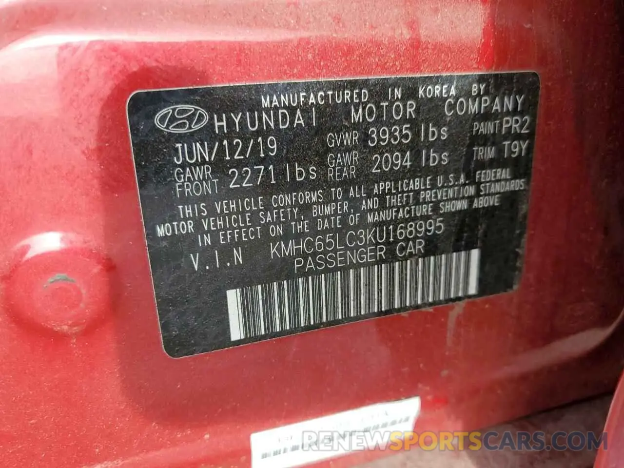 12 Photograph of a damaged car KMHC65LC3KU168995 HYUNDAI IONIQ 2019