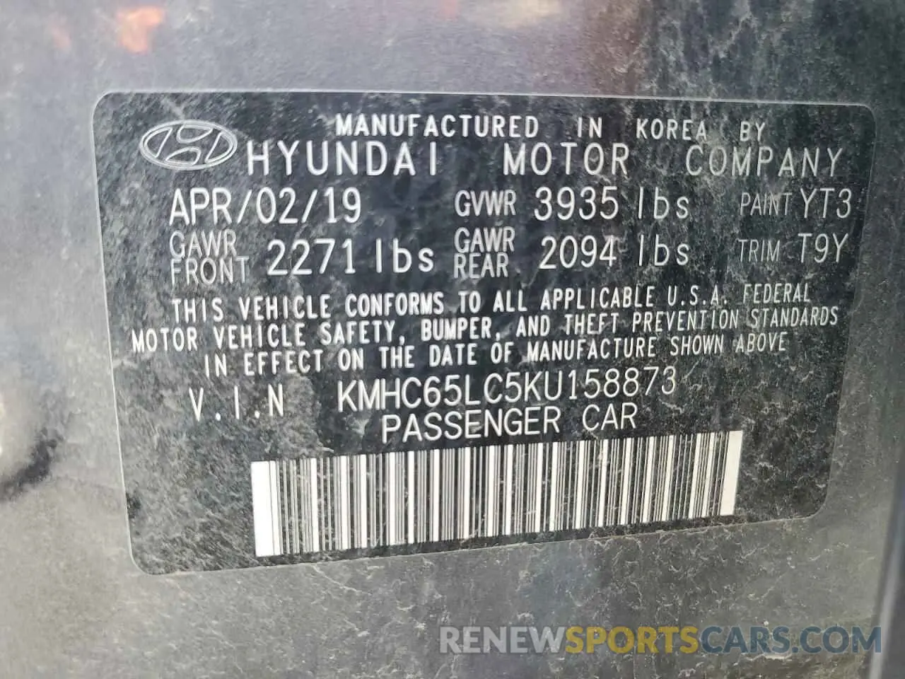 12 Photograph of a damaged car KMHC65LC5KU158873 HYUNDAI IONIQ 2019