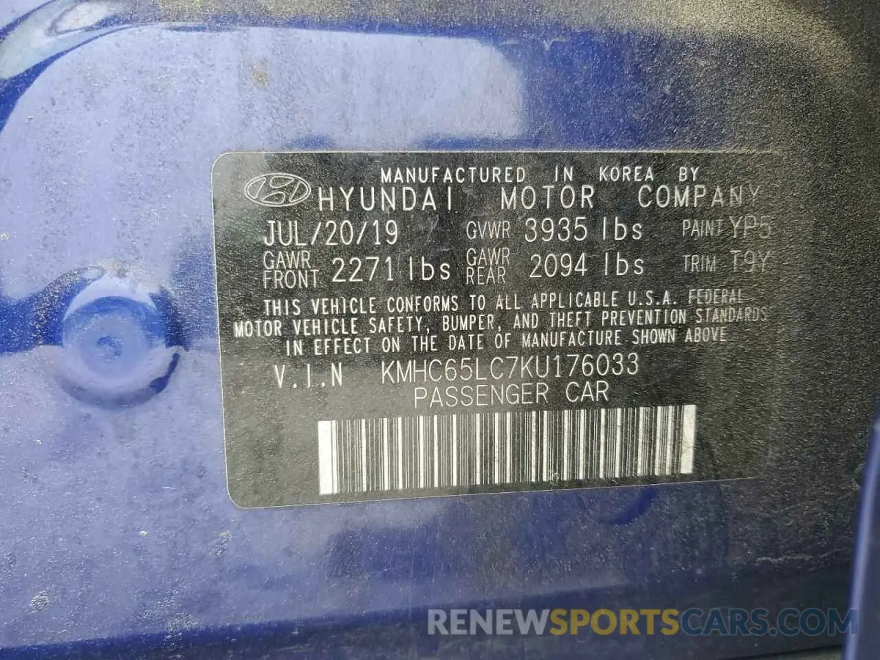 12 Photograph of a damaged car KMHC65LC7KU176033 HYUNDAI IONIQ 2019