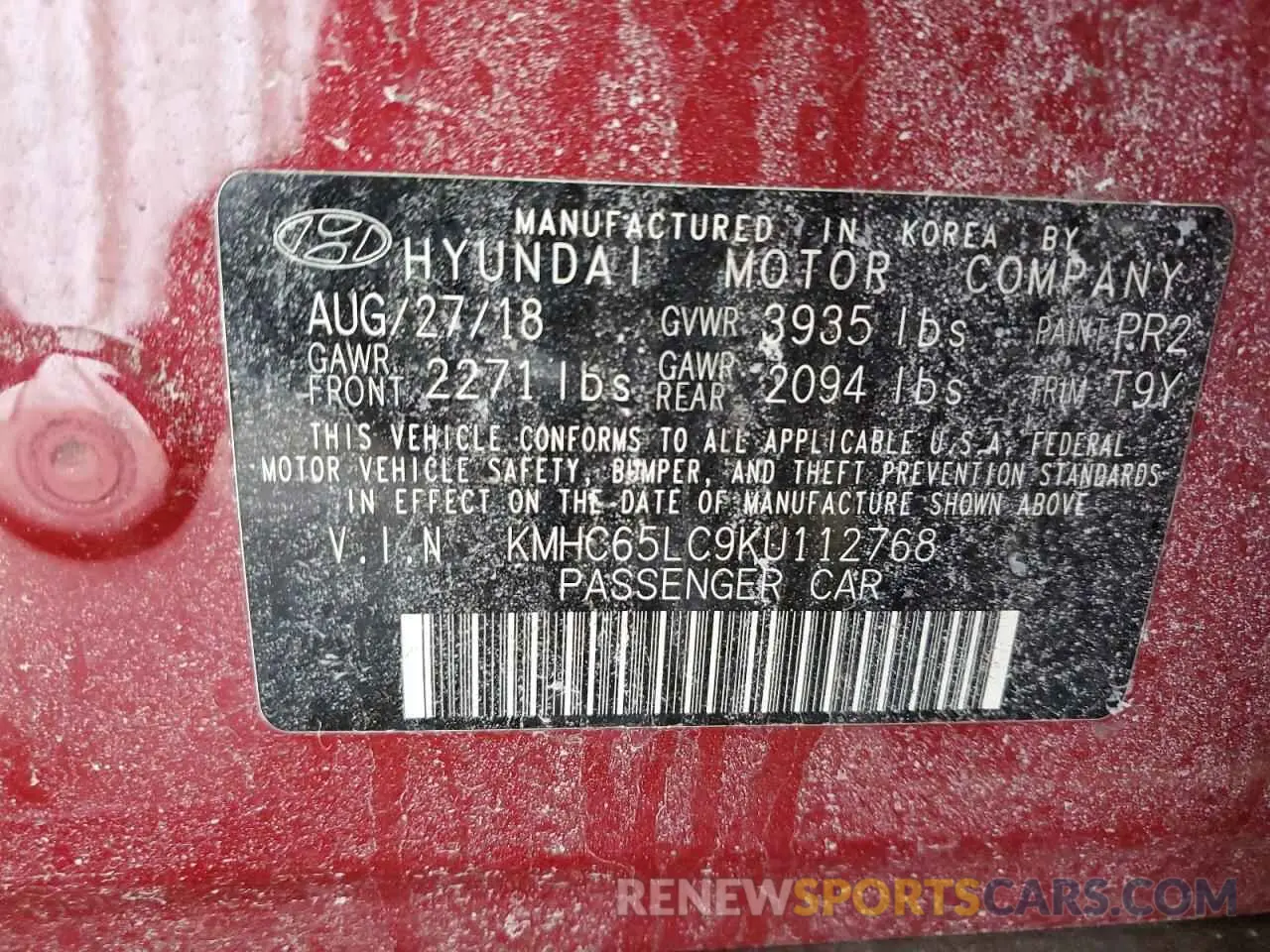 12 Photograph of a damaged car KMHC65LC9KU112768 HYUNDAI IONIQ 2019
