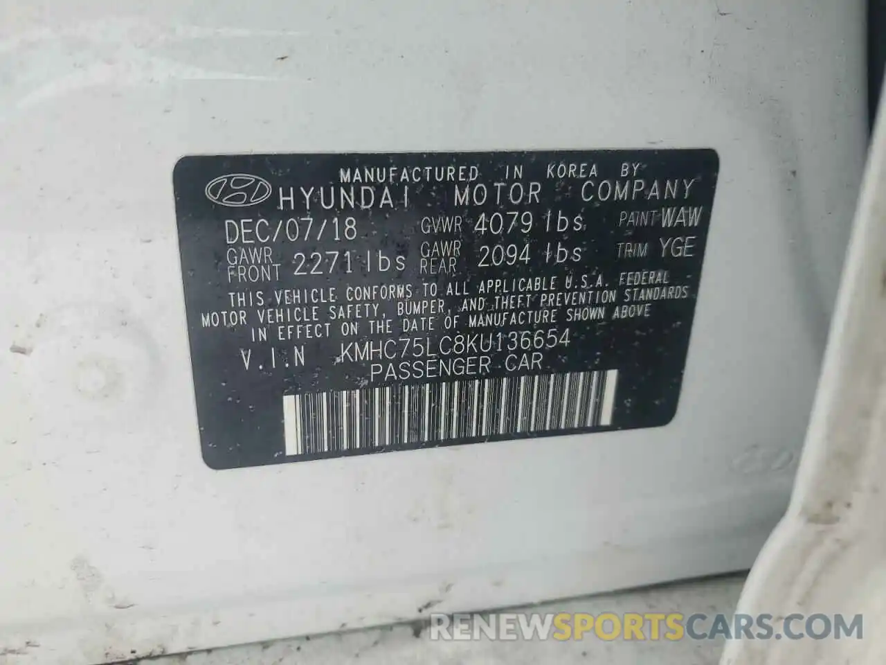 12 Photograph of a damaged car KMHC75LC8KU136654 HYUNDAI IONIQ 2019