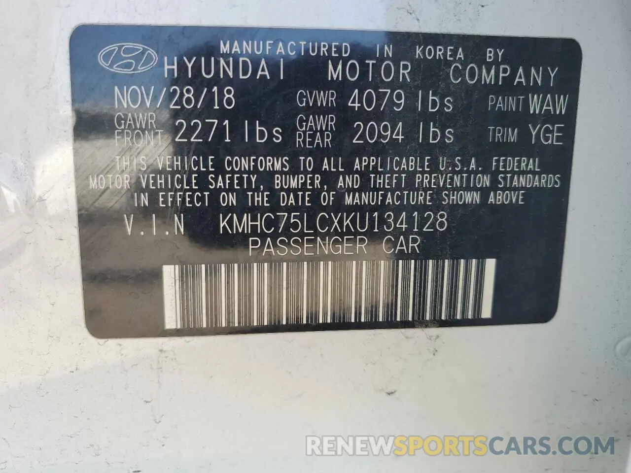 13 Photograph of a damaged car KMHC75LCXKU134128 HYUNDAI IONIQ 2019