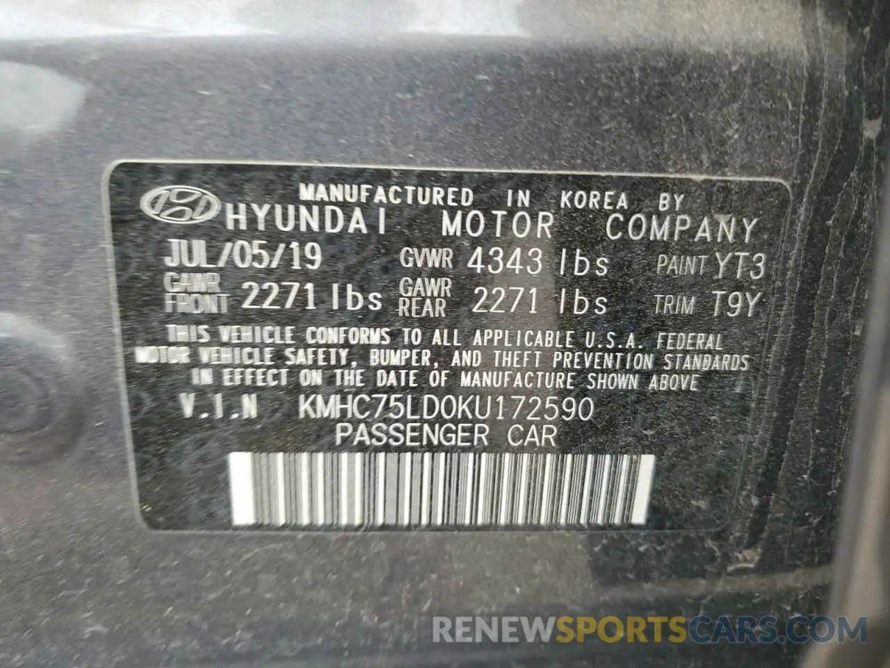 12 Photograph of a damaged car KMHC75LD0KU172590 HYUNDAI IONIQ 2019