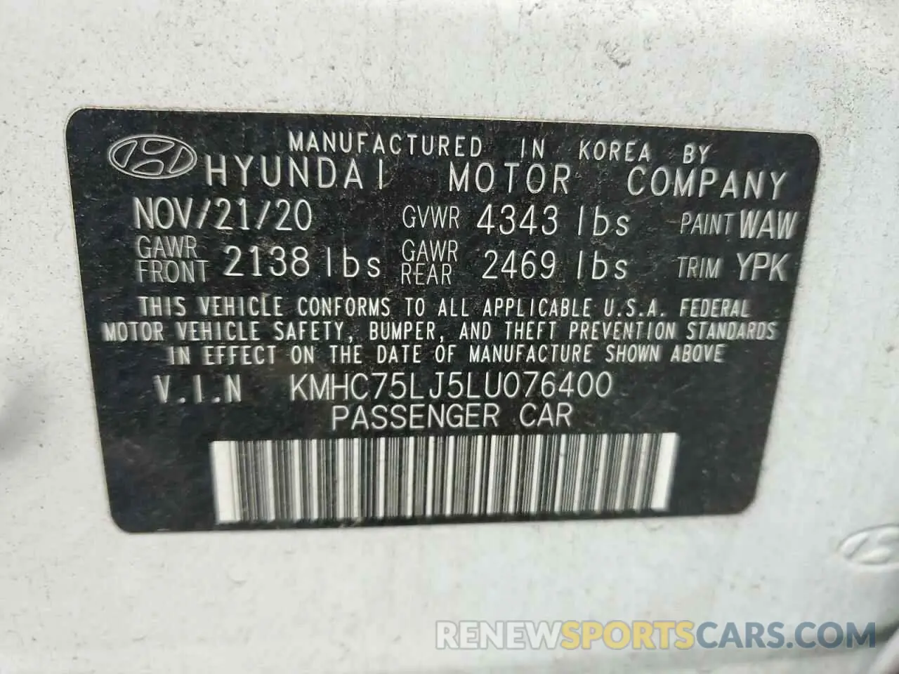12 Photograph of a damaged car KMHC75LJ5LU076400 HYUNDAI IONIQ 2020