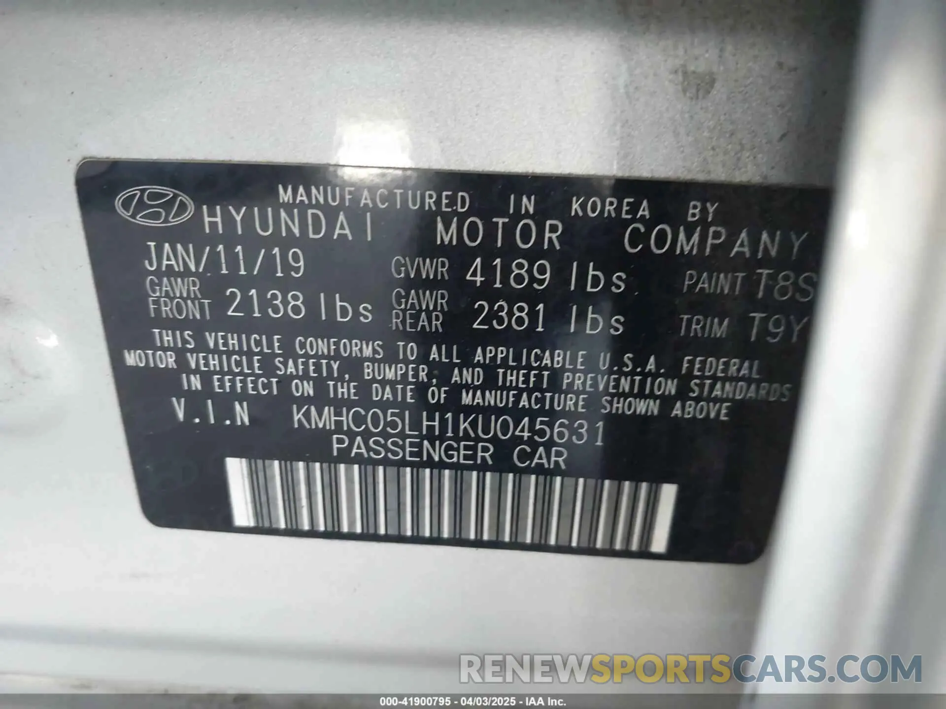 9 Photograph of a damaged car KMHC05LH1KU045631 HYUNDAI IONIQ ELECTRIC 2019