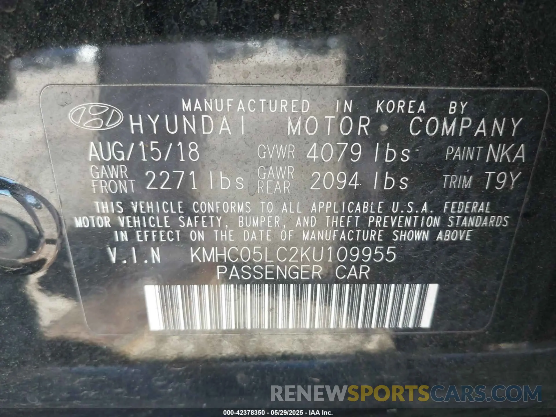 9 Photograph of a damaged car KMHC05LC2KU109955 HYUNDAI IONIQ HYBRID 2019