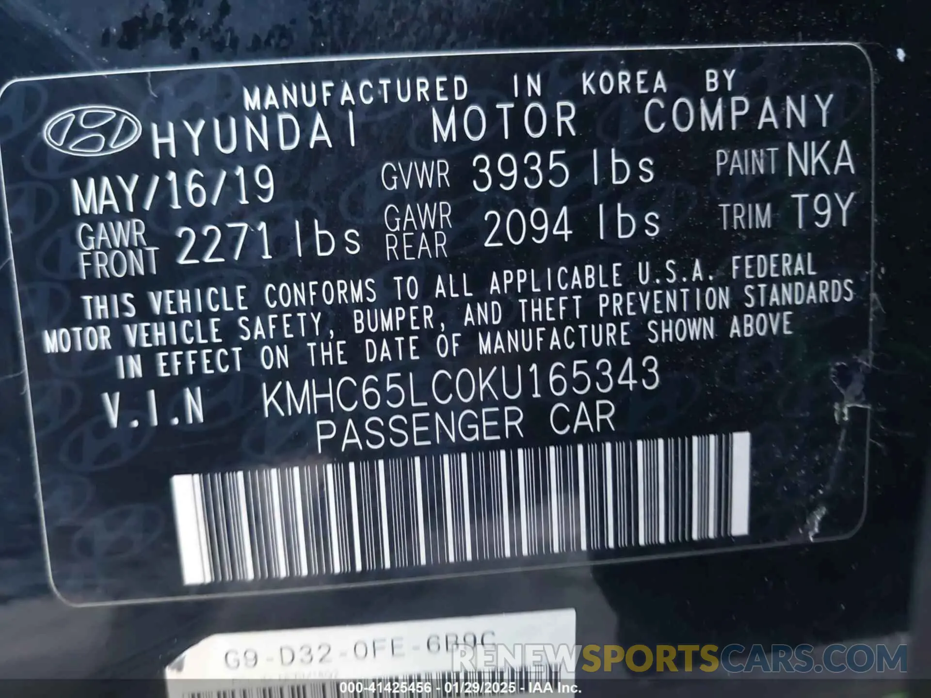 9 Photograph of a damaged car KMHC65LC0KU165343 HYUNDAI IONIQ HYBRID 2019